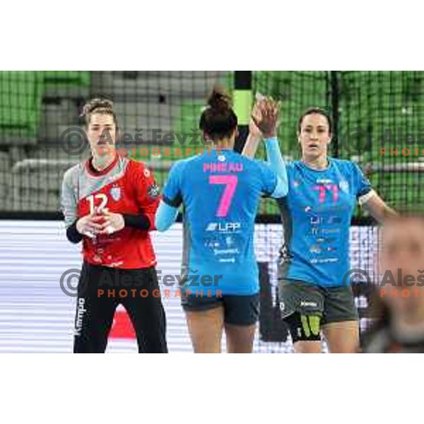 Brabara Arenhart and Andrea Lekic in action during EHF Champions League Women 2021-2022 handball match between Krim Mercator (SLO) and Odense (DEN) in Ljubljana, Slovenia on January 16, 2022