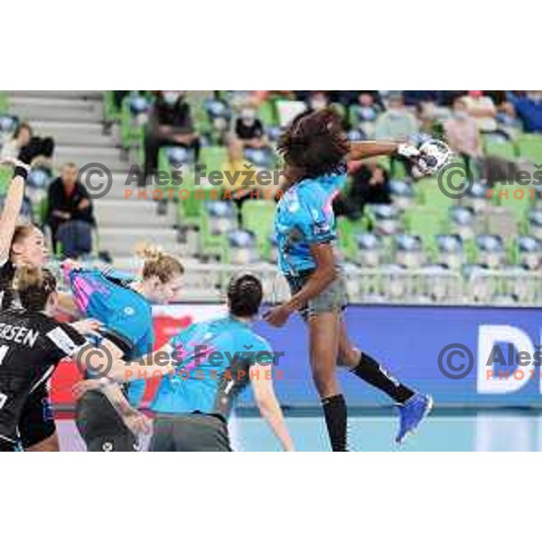 Betchaidelle Ngombele in action during EHF Champions League Women 2021-2022 handball match between Krim Mercator (SLO) and Odense (DEN) in Ljubljana, Slovenia on January 16, 2022