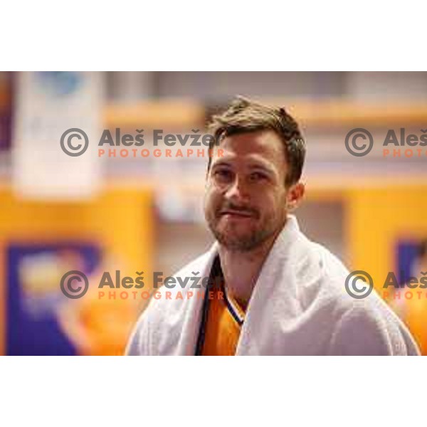 Blaz Mahkovic in action during Nova KBM league match between Helios Suns and Sentjur in Domzale, Slovenia on January 19, 2022