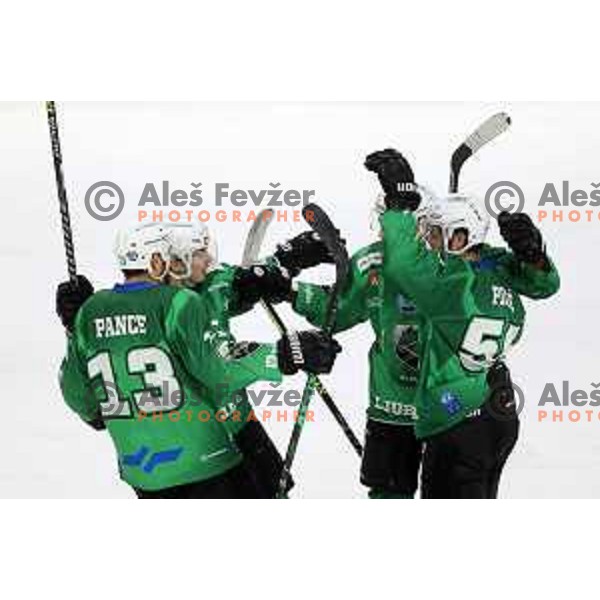 Ziga Pance, Leclerc, Daniel Wade Murphy and Sebastien Piche of SZ Olimpija celebrate goal during IceHL match between SZ Olimpija and Vienna Capitals in Ljubljana, Slovenia on January 21, 2022