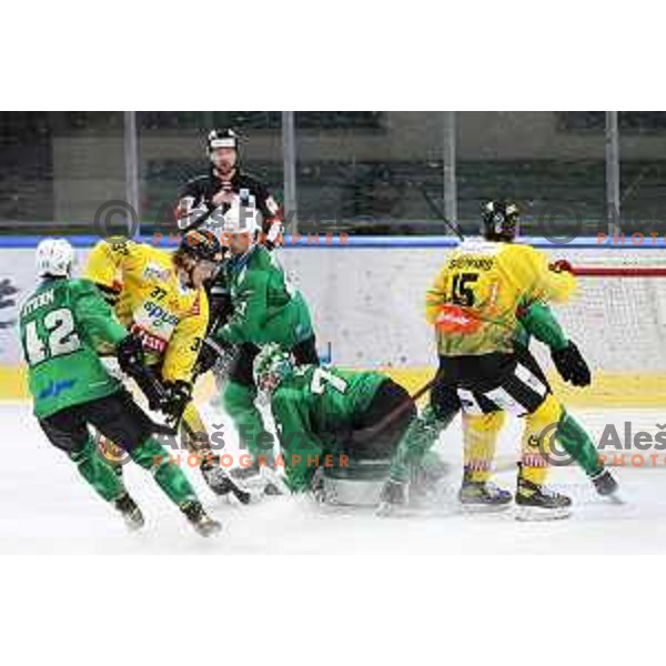 Mitja Robar and Paavo Holsa of SZ Olimpija in action during IceHL match between SZ Olimpija and Vienna Capitals in Ljubljana, Slovenia on January 21, 2022