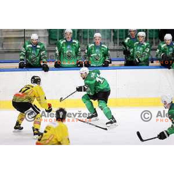 Ziga Pance of SZ Olimpija in action during IceHL match between SZ Olimpija and Vienna Capitals in Ljubljana, Slovenia on January 21, 2022