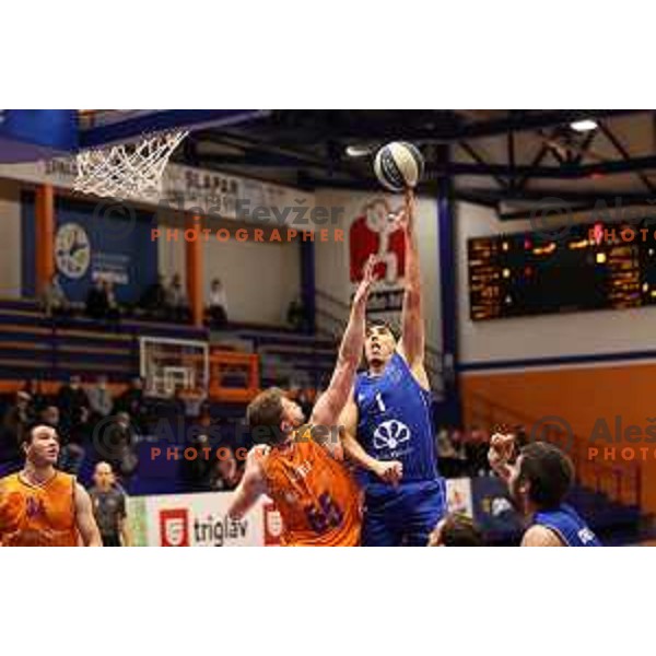Leon Santelj and Nedzad Muratovic in action during Nova KBM league match between Helios Suns and Terme Olimia Podcetrtek in Domzale, Slovenia on January 22, 2022