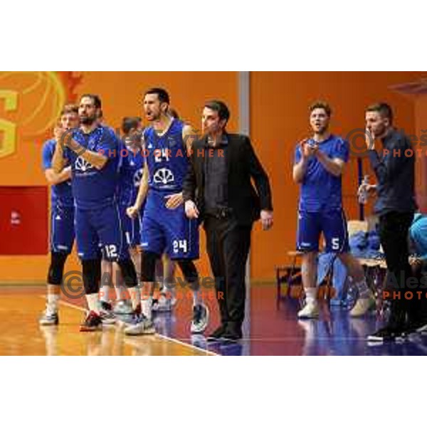 Sandi Cebular, Simo Atanackovic and head coach Davor Brecko during Nova KBM league match between Helios Suns and Terme Olimia Podcetrtek in Domzale, Slovenia on January 22, 2022