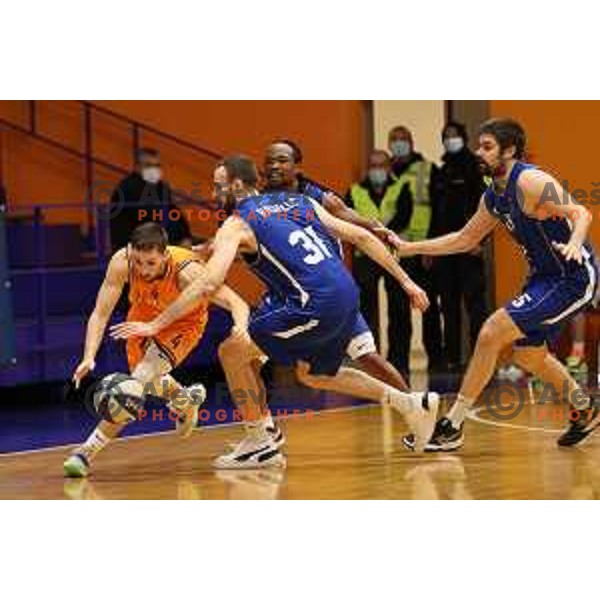 Tadej Ferme and Milojko Vasilic in action during Nova KBM league match between Helios Suns and Terme Olimia Podcetrtek in Domzale, Slovenia on January 22, 2022