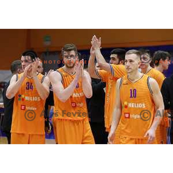 Bine Prepelic, Leon Santelj and Urban Oman during Nova KBM league match between Helios Suns and Terme Olimia Podcetrtek in Domzale, Slovenia on January 22, 2022