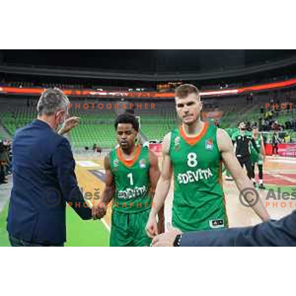 Yogi Ferrell and Edo Muric after ABA league regular season basketball match between Cedevita Olimpija and Crvena Zvezda in Stozice, Arena, Ljubljana, Slovenia on January 24, 2022