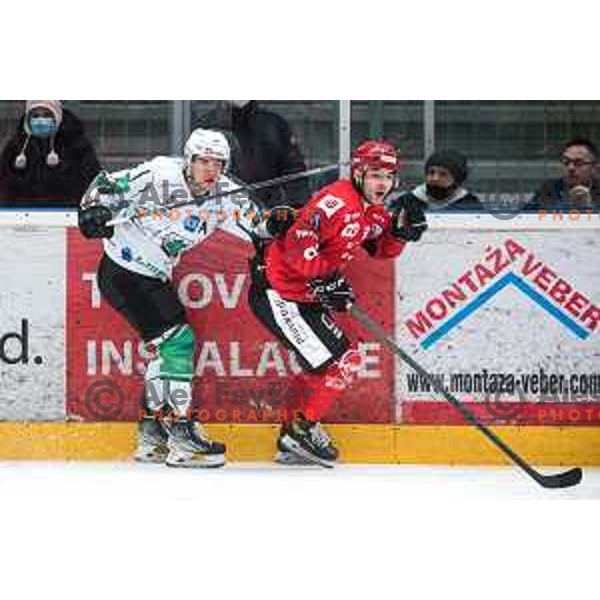 Jaka Sodja and Eric Pance in action during semi-final of Slovenian ice-hockey league match between HDD Sij Acroni Jesenice and SZ Olimpija at Jesenice, Slovenia on January 25, 2021