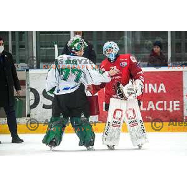 Paavo Hölsa and Oscar Fröberg after Semi-final of Slovenian ice-hockey league match between HDD Sij Acroni Jesenice and SZ Olimpija at Jesenice, Slovenia on January 25, 2021