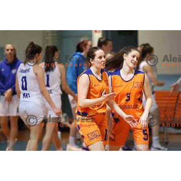 Ursa Zibert and Eva Zoja Dolanc in action during 1.SKL women basketball match between Derby Jezica and Tosama Ledita, Slovenia on January 25, 2022