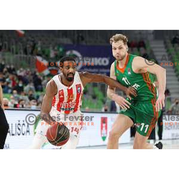Jaka Blazic and Austin Hollins in action during ABA league regular season basketball match between Cedevita Olimpija and Crvena Zvezda in Stozice, Arena, Ljubljana, Slovenia on January 24, 2022