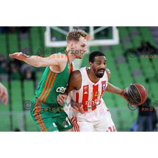 Jaka Blazic and Austin Hollins in action during ABA league regular season basketball match between Cedevita Olimpija and Crvena Zvezda in Stozice, Arena, Ljubljana, Slovenia on January 24, 2022