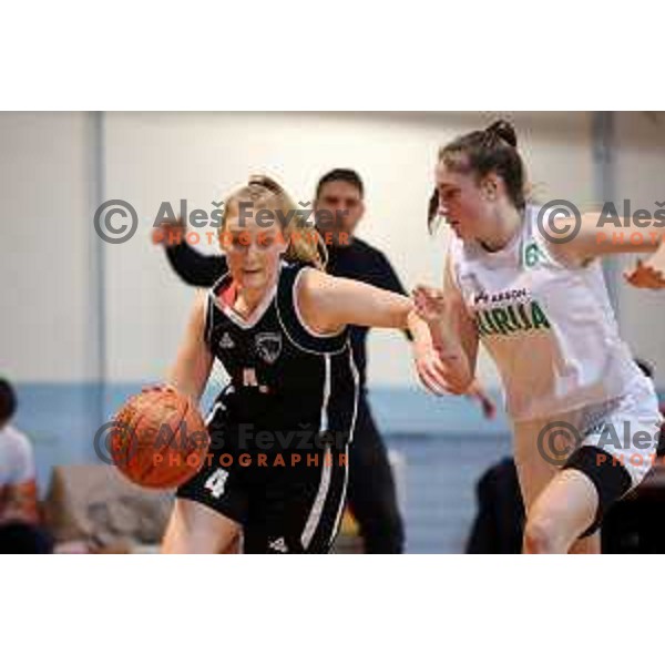 Sara Haralovic and Tara Pulevic in action during 1.SKL women basketball match between Akson Ilirija and VBO Maribor in Ljubljana, Slovenia on January 26, 2022