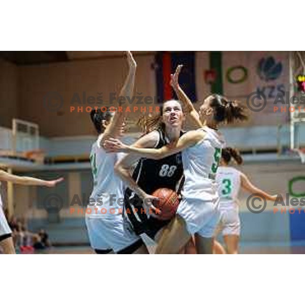 Neza Vrecer, Merisa Dautovic and Hana Sambolic in action during 1.SKL women basketball match between Akson Ilirija and VBO Maribor in Ljubljana, Slovenia on January 26, 2022