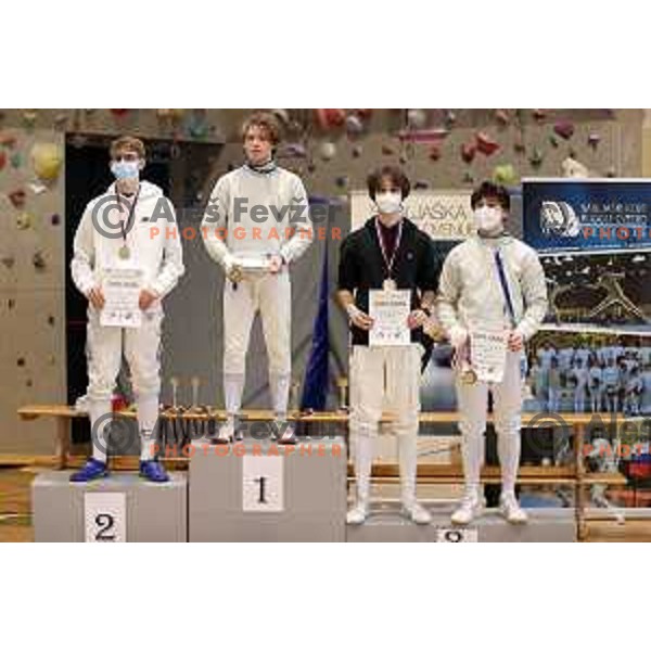 Bozic, Leon Svit Cernjak, Vito Hvala and Lars Ponikvar at podium at Slovenian National Fencing Championship in Ljubljana, Slovenia on January 29, 2022