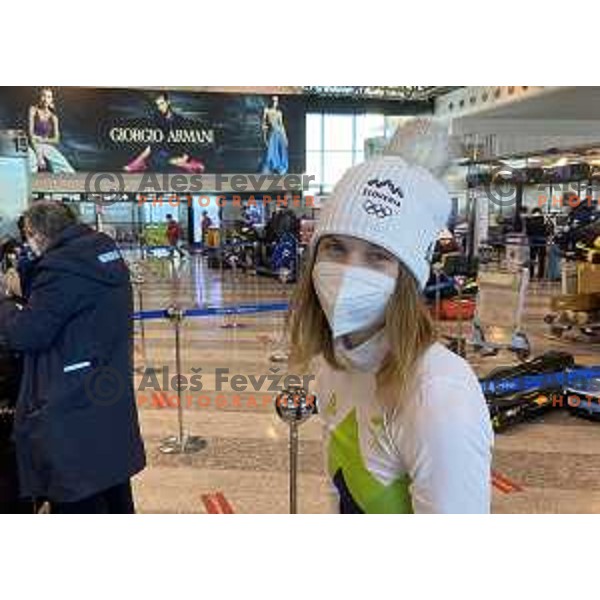 Slovenia Women\'s Ski jumping team at departure from Milano Malpensa airport to Beijing 2022 Winter Olympic Games, China on February 1, 2022