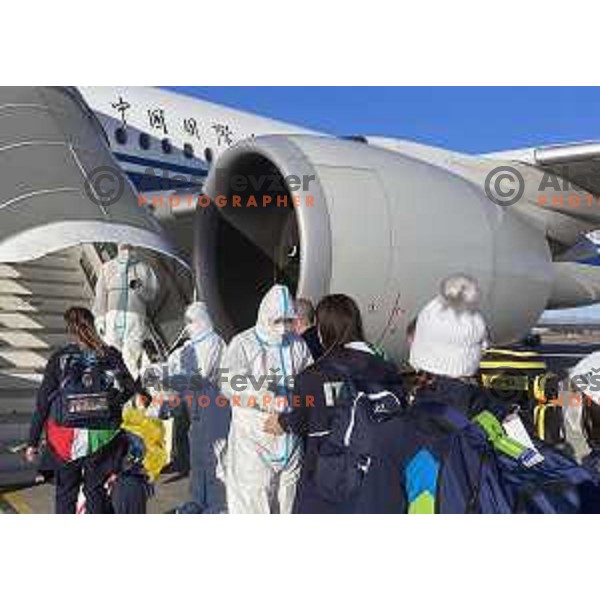Slovenia Women\'s Ski jumping team at departure from Milano Malpensa airport to Beijing 2022 Winter Olympic Games, China on February 1, 2022