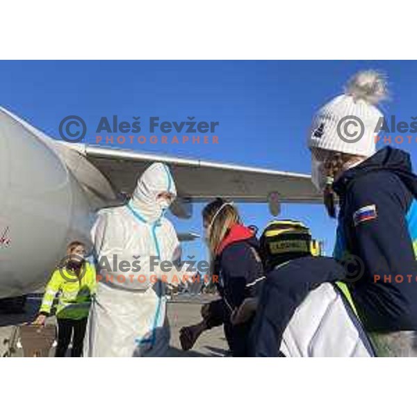 Slovenia Women\'s Ski jumping team at departure from Milano Malpensa airport to Beijing 2022 Winter Olympic Games, China on February 1, 2022