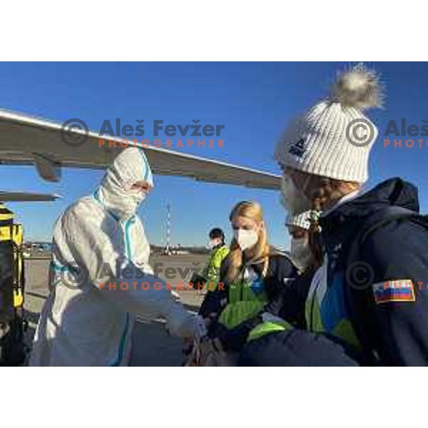 Slovenia Women\'s Ski jumping team at departure from Milano Malpensa airport to Beijing 2022 Winter Olympic Games, China on February 1, 2022