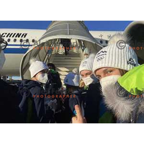 Ursa Bogataj, Nika Kriznar and Ema Klinec of Slovenia Women\'s Ski jumping Olympic team at departure from Milano Malpensa airport to Beijing 2022 Winter Olympic Games, China on February 1, 2022