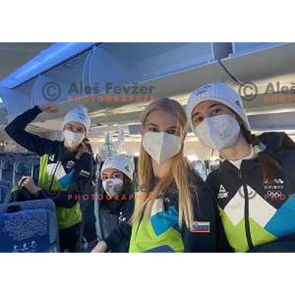 Nika Kriznar, Spela Rogelj and Ursa Bogataj of Slovenia Women\'s Ski jumping Olympic team at departure from Milano Malpensa airport to Beijing 2022 Winter Olympic Games, China on February 1, 2022