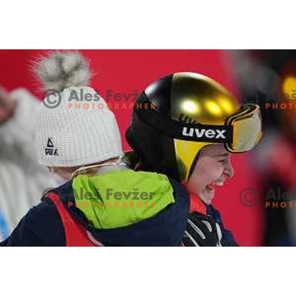 Nika Kriznar of Slovenia Women’s Ski jumping Olympic team celebrates bronze medal at Normal Hill in Zhangjiakou venue of Beijing 2022 Winter Olympic Games, China on February 5, 2022