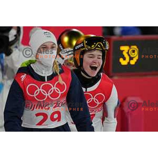 Nika Kriznar of Slovenia Women’s Ski jumping Olympic team celebrates bronze medal at Normal Hill in Zhangjiakou venue of Beijing 2022 Winter Olympic Games, China on February 5, 2022