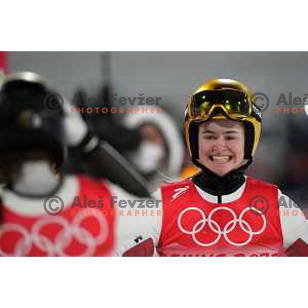 Nika Kriznar of Slovenia Women’s Ski jumping Olympic team celebrates bronze medal at Normal Hill in Zhangjiakou venue of Beijing 2022 Winter Olympic Games, China on February 5, 2022