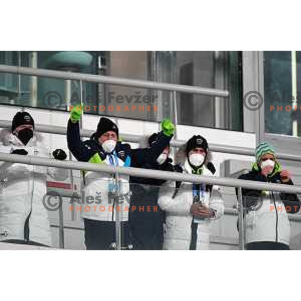of Slovenia Women’s Ski jumping Olympic team during competition first jump at Normal Hill in Zhangjiakou venue of Beijing 2022 Winter Olympic Games, China on February 5, 2022