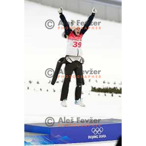 Ursa Bogataj of Slovenia Women’s Ski jumping Olympic team celebrates gold medal at Normal Hill in Zhangjiakou venue of Beijing 2022 Winter Olympic Games, China on February 5, 2022