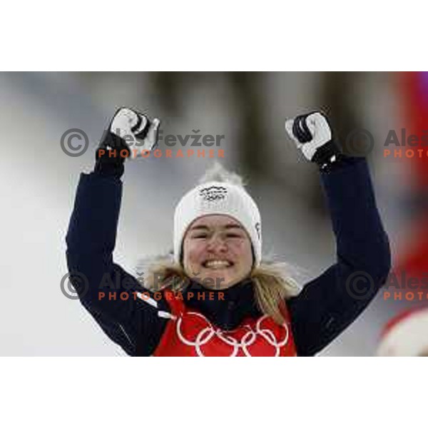 Nika Kriznar of Slovenia Women’s Ski jumping Olympic team celebrates bronze medal at Normal Hill in Zhangjiakou venue of Beijing 2022 Winter Olympic Games, China on February 5, 2022