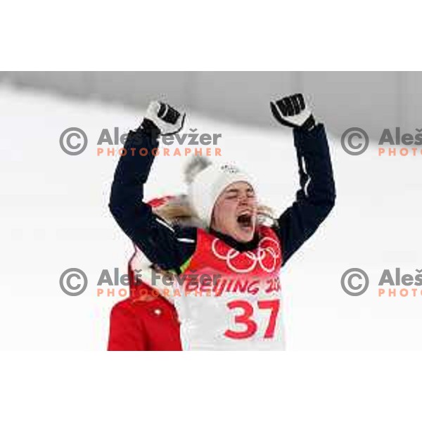 Nika Kriznar of Slovenia Women’s Ski jumping Olympic team celebrates bronze medal at Normal Hill in Zhangjiakou venue of Beijing 2022 Winter Olympic Games, China on February 5, 2022