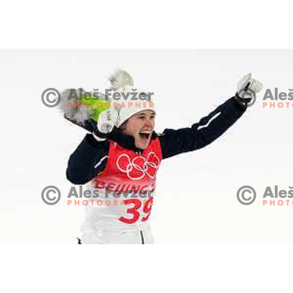 Ursa Bogataj of Slovenia Women’s Ski jumping Olympic team celebrates gold medal at Normal Hill in Zhangjiakou venue of Beijing 2022 Winter Olympic Games, China on February 5, 2022