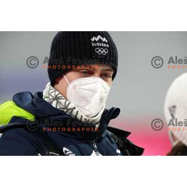 Zoran Zupancic, head coach of Slovenia Women’s Ski jumping Olympic team celebrate gold and bronze medal at Normal Hill in Zhangjiakou venue of Beijing 2022 Winter Olympic Games, China on February 5, 2022
