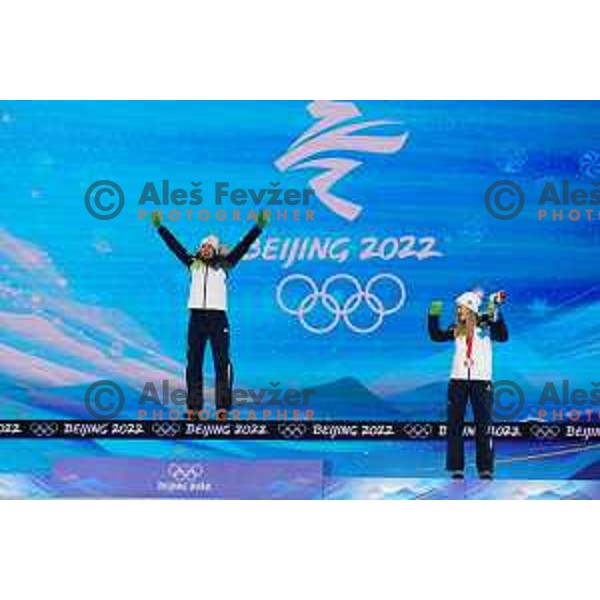 Ursa Bogataj of Slovenia Women’s Ski jumping Olympic team with Gold Olympic medal and Nika Kriznar with bronze Olympic medal in Zhangjiakou, Beijing 2022 Winter Olympic Games, China on February 6, 2022