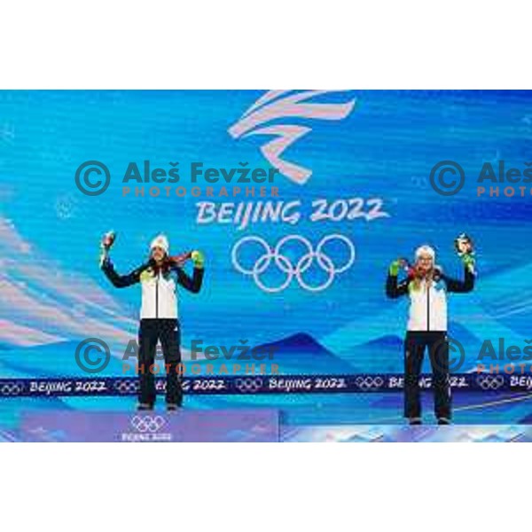 Ursa Bogataj of Slovenia Women’s Ski jumping Olympic team with Gold Olympic medal and Nika Kriznar with bronze Olympic medal in Zhangjiakou, Beijing 2022 Winter Olympic Games, China on February 6, 2022