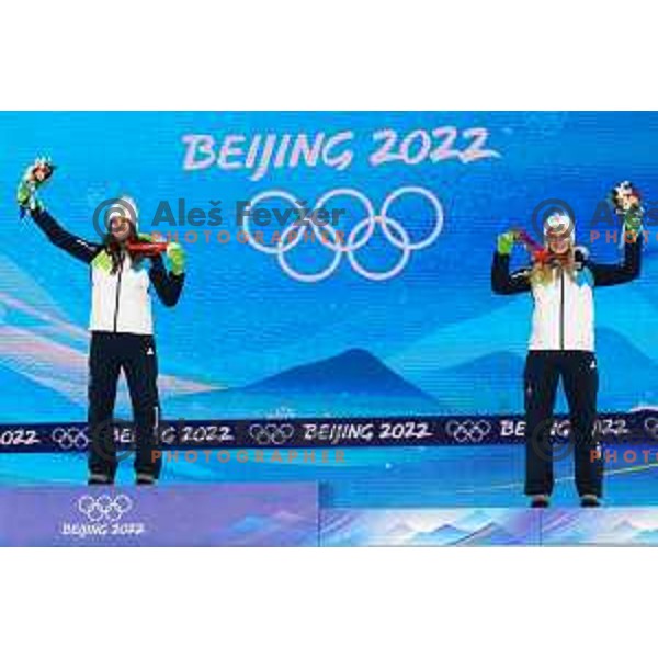 Ursa Bogataj of Slovenia Women’s Ski jumping Olympic team with Gold Olympic medal and Nika Kriznar with bronze Olympic medal in Zhangjiakou, Beijing 2022 Winter Olympic Games, China on February 6, 2022