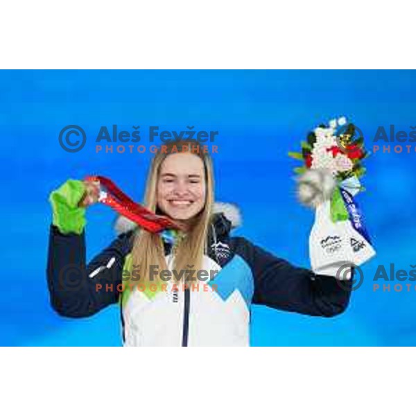 Nika Kriznar of Slovenia Women’s Ski jumping Olympic team with Bronze Olympic medal in Zhangjiakou, Beijing 2022 Winter Olympic Games, China on February 6, 2022