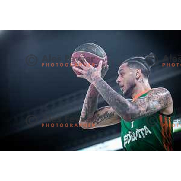 Zach Auguste in action during ABA league basketball match between Cedevita Olimpija and Igokea in Arena Stozice, Ljubljana, Slovenia on February 6, 2022. Photo: Jure Banfi/www.alesfevzer.com