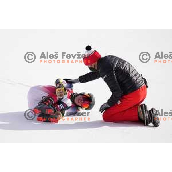 Nina O\'Brien (USA) crashed in the second run of Women’s Giant Slalom in Yanging National Alpine Centre during Beijing 2022 Winter Olympic Games, China on February 7, 2022