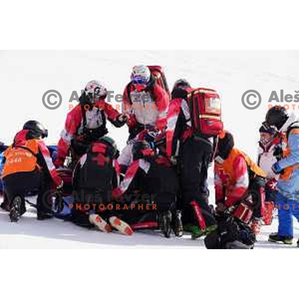 Nina O\'Brien (USA) crashed in the second run of Women’s Giant Slalom in Yanging National Alpine Centre during Beijing 2022 Winter Olympic Games, China on February 7, 2022
