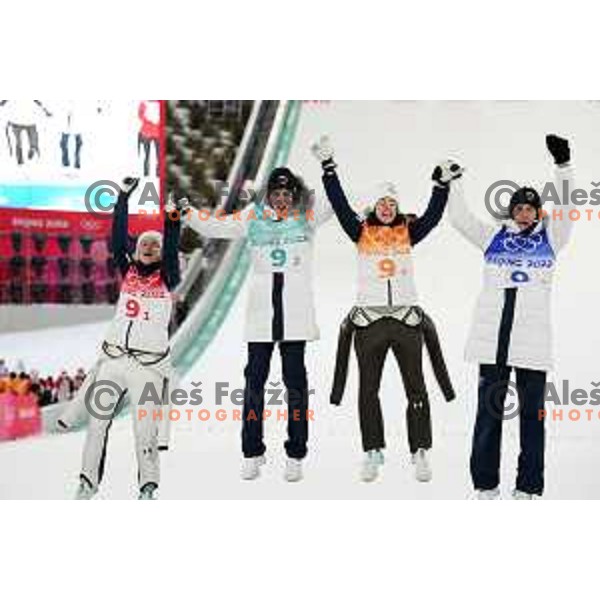Nika Kriznar, Timi Zajc, Ursa Bogataj and Peter Prevc of Slovenia Ski jumping Olympic team, gold medal winners at Mix Team Competition in Zhangjiakou venue of Beijing 2022 Winter Olympic Games, China on February 7, 2022