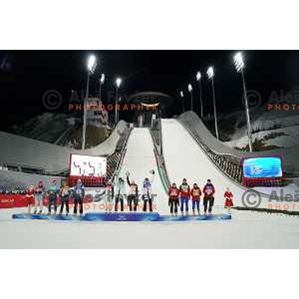 Nika Kriznar, Timi Zajc, Ursa Bogataj and Peter Prevc of Slovenia Ski jumping Olympic team, gold medal winners at Mix Team Competition in Zhangjiakou venue of Beijing 2022 Winter Olympic Games, China on February 7, 2022