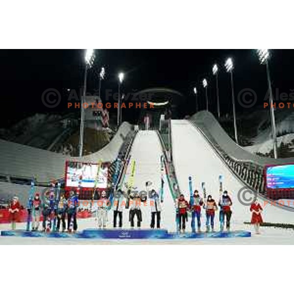 Nika Kriznar, Timi Zajc, Ursa Bogataj and Peter Prevc of Slovenia Ski jumping Olympic team, gold medal winners at Mix Team Competition in Zhangjiakou venue of Beijing 2022 Winter Olympic Games, China on February 7, 2022