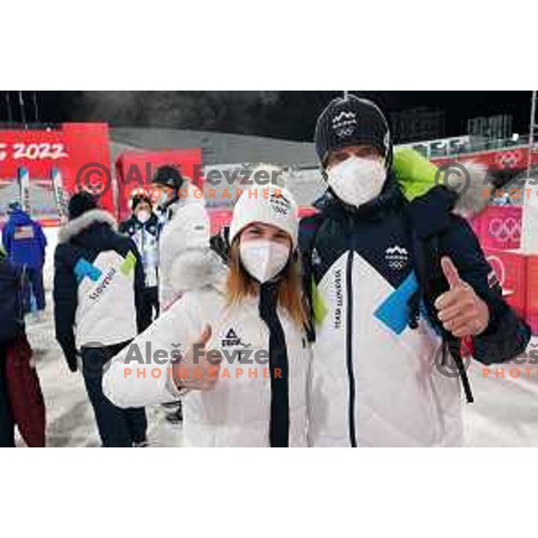 Ema Klinec and Zoran Zupancic, head caoch of Slovenia Ski jumping Olympic team during Mix Team Competition in Zhangjiakou venue of Beijing 2022 Winter Olympic Games, China on February 7, 2022 