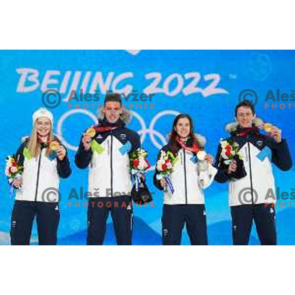 Nika Kriznar, Timi Zajc, Ursa Bogataj and Peter Prevc of Slovenia Ski jumping Olympic team, gold medal winners at Mix Team Competition in Zhangjiakou venue of Beijing 2022 Winter Olympic Games, China on February 7, 2022
