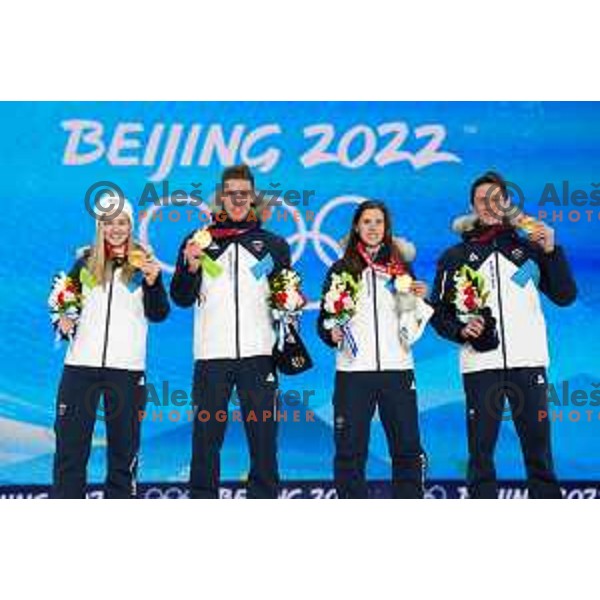 Nika Kriznar, Timi Zajc, Ursa Bogataj and Peter Prevc of Slovenia Ski jumping Olympic team, gold medal winners at Mix Team Competition in Zhangjiakou venue of Beijing 2022 Winter Olympic Games, China on February 7, 2022