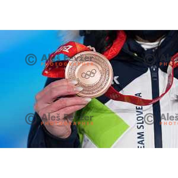 Gloria Kotnik of Slovenia, Olympic Bronze medalist in Women\'s Snowboard Parallel Giant Slalom in Zhangjiakou Genting Snow Park, Beijing 2022 Winter Olympic Games, China on February 8, 2022