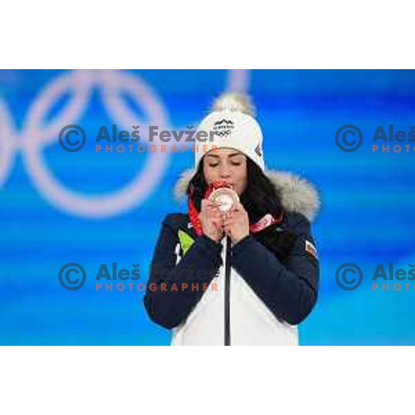 Gloria Kotnik of Slovenia, Olympic Bronze medalist in Women\'s Snowboard Parallel Giant Slalom in Zhangjiakou Genting Snow Park, Beijing 2022 Winter Olympic Games, China on February 8, 2022