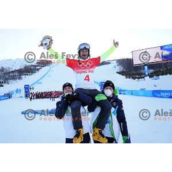 Tomaz Barada, Tim Mastnak of Slovenia, Olympic Silver medalist in Snowboard Parallel Giant Slalom and Bogdan Gabrovec in Zhangjiakou Genting Snow Park, Beijing 2022 Winter Olympic Games, China on February 8, 2022